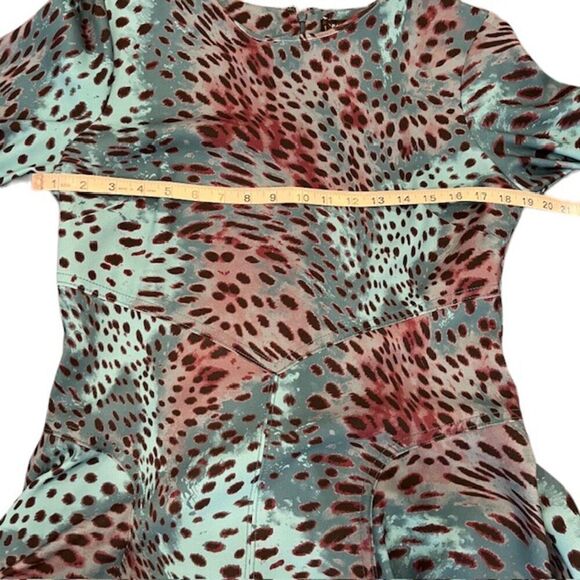 Natori Cheetah Crepe Top Stitch Dress Teal Aqua Blue 3/4 Sleeve Back Zip Size 8 - Picture 11 of 13